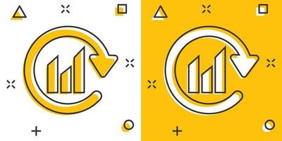 icono de flecha de gráfico en estilo cómico. ilustración de vector de dibujos animados de análisis financiero sobre fondo blanco aislado. pronosticar el concepto de negocio de signo de efecto de salpicadura.