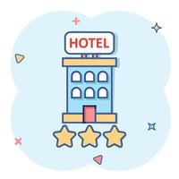 Hotel 3 stars sign icon in comic style. Inn building cartoon vector illustration on white isolated background. Hostel room splash effect business concept.