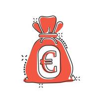 icono de bolsa de dinero en estilo cómico. Ilustración de vector de dibujos animados de bolsa de dinero sobre fondo aislado. signo de efecto de salpicadura de saco de monedas concepto de negocio.