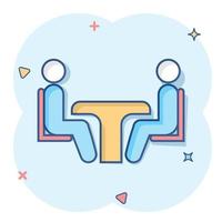Business consulting icon in comic style. Two people with table vector cartoon illustration on white isolated background. Restaurant dialog business concept splash effect.