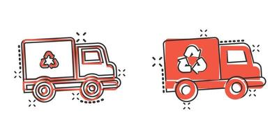 Garbage truck icon in comic style. Recycle cartoon vector illustration on white isolated background. Trash car splash effect sign business concept.