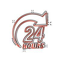 24 hours service icon in comic style. All day business and service cartoon vector illustration on isolated background. Quick service time splash effect sign business concept.