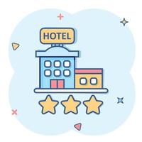 icono de signo de hotel 3 estrellas en estilo cómico. Posada edificio ilustración vectorial de dibujos animados sobre fondo blanco aislado. concepto de negocio de efecto de salpicadura de habitación de albergue. vector