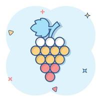 icono de signo de frutas de uva en estilo cómico. ilustración de dibujos animados de vector de vid sobre fondo blanco aislado. efecto de salpicadura de concepto de negocio de uvas de vino.