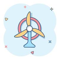 Wind power plant icon in comic style. Turbine cartoon vector illustration on white isolated background. Air energy splash effect sign business concept.