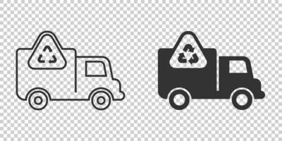 Garbage truck icon in flat style. Recycle vector illustration on white isolated background. Trash car sign business concept.