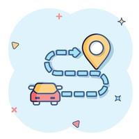 icono de destino de coche en estilo cómico. ilustración de vector de dibujos animados de navegación de coche sobre fondo blanco aislado. localizar el concepto de negocio de efecto de salpicadura de posición.