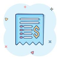 Money check icon in comic style. Checkbook cartoon vector illustration on white isolated background. Finance voucher splash effect business concept.