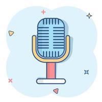 Microphone icon in comic style. Mic broadcast vector cartoon illustration pictogram. Microphone mike speech business concept splash effect.