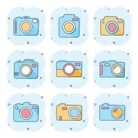 icono de conjunto de cámara fotográfica de dibujos animados vectoriales en estilo cómico. Pictograma de ilustración de signo de cámara de fotógrafo. concepto de efecto de salpicadura de negocio de cámara. vector