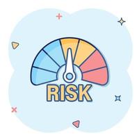 Risk meter icon in comic style. Rating indicator cartoon vector illustration on white isolated background. Fuel level sign splash effect business concept.