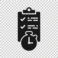 Document witch clock icon in flat style. Checklist survey vector illustration on white isolated background. Fast service business concept.