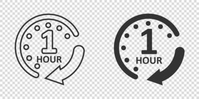 1 hour clock icon in flat style. Timer countdown vector illustration on isolated background. Time measure sign business concept.