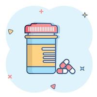 Pill bottle icon in comic style. Medical capsules cartoon vector illustration on white isolated background. Pharmacy sign business concept splash effect.