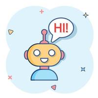 Cute robot chatbot icon in comic style. Bot operator vector cartoon illustration pictogram. Smart chatbot character business concept splash effect.