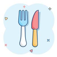 icono de restaurante de tenedor y cuchillo en estilo cómico. Pictograma de ilustración de dibujos animados de vector de equipo de cena. efecto de salpicadura de concepto de negocio de restaurante.