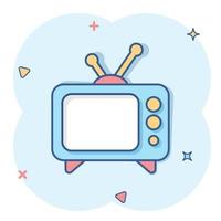 Tv icon in comic style. Television cartoon sign vector illustration on white isolated background. Video channel splash effect business concept.