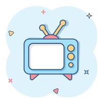 icono de tv en estilo cómico. ilustración de vector de signo de dibujos animados de televisión sobre fondo blanco aislado. concepto de negocio de efecto de salpicadura de canal de video.