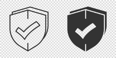 Shield with check mark icon in flat style. Protect vector illustration on white isolated background. Checkmark guard business concept.