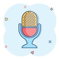 Microphone icon in comic style. Mic broadcast vector cartoon illustration pictogram. Microphone mike speech business concept splash effect.