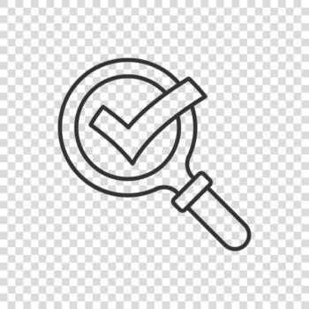 Check mark with magnifying glass icon in flat style. Loupe accept vector illustration on white isolated background. Search checklist business concept.