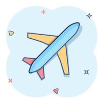 Plane icon in comic style. Airplane cartoon vector illustration on white isolated background. Flight airliner splash effect business concept.