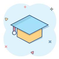 Graduation hat icon in comic style. Student cap cartoon vector illustration on white isolated background. University splash effect business concept.