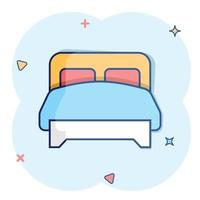 Bed icon in comic style. Bedroom cartoon sign vector illustration on white isolated background. Bedstead splash effect business concept.