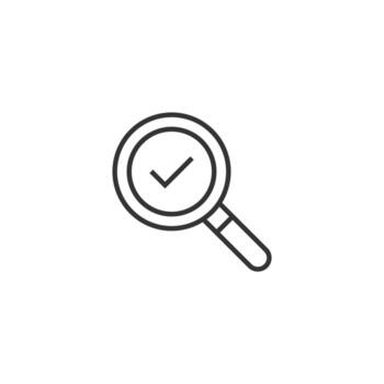 Check mark with magnifying glass icon in flat style. Loupe accept vector illustration on white isolated background. Search checklist business concept.