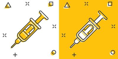 Syringe icon in comic style. Coronavirus vaccine inject cartoon vector illustration on isolated background. Covid-19 vaccination splash effect sign business concept.