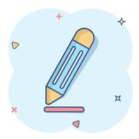 Pencil icon in comic style. Pen cartoon vector illustration on white isolated background. Drawing splash effect business concept.