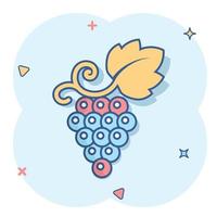 icono de signo de frutas de uva en estilo cómico. ilustración de dibujos animados de vector de vid sobre fondo blanco aislado. efecto de salpicadura de concepto de negocio de uvas de vino.