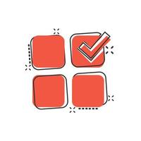 Checklist document icon in comic style. Survey cartoon vector illustration on white isolated background. Check mark choice splash effect business concept.