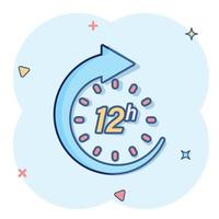 12 hours clock icon in comic style. Timer countdown cartoon vector illustration on isolated background. Time measure splash effect sign business concept.