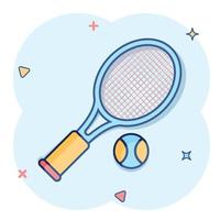 icono de raqueta de tenis en estilo cómico. Ilustración de vector de dibujos animados de raqueta de juego sobre fondo aislado. concepto de negocio de signo de efecto de salpicadura de actividad deportiva.