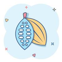 Cocoa bean icon in comic style. Chocolate cream cartoon vector illustration on white isolated background. Nut plant splash effect business concept.