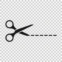Scissor with cutting line icon in flat style. Cut equipment vector illustration on white isolated background. Cutter business concept.