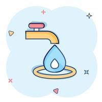 Water tap icon in comic style. Droplet cartoon vector illustration on white isolated background. Faucet falling splash effect sign business concept.
