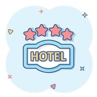 Hotel 4 stars sign icon in comic style. Inn cartoon vector illustration on white isolated background. Hostel room information splash effect business concept.