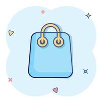 icono de bolsa de compras en estilo cómico. Ilustración de vector de signo de dibujos animados de bolso sobre fondo blanco aislado. concepto de negocio de efecto de salpicadura de paquete.