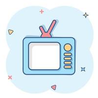 icono de tv en estilo cómico. ilustración de vector de signo de dibujos animados de televisión sobre fondo blanco aislado. concepto de negocio de efecto de salpicadura de canal de video.