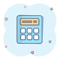 Calculator icon in comic style. Calculate cartoon vector illustration on white isolated background. Calculation splash effect business concept.