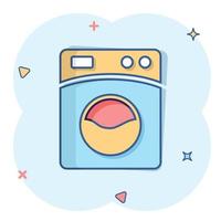 icono de lavadora en estilo cómico. ilustración de vector de dibujos animados de lavadora sobre fondo blanco aislado. concepto de negocio de efecto de salpicadura de lavandería.