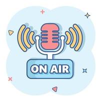 Microphone icon in comic style. Live broadcast vector cartoon illustration on white isolated background. On air business concept splash effect.