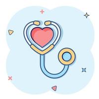 Stethoscope icon in comic style. Heart diagnostic cartoon vector illustration on isolated background. Medicine splash effect sign business concept.