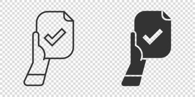 People hand with check mark icon in flat style. Accept vector illustration on white isolated background. Approval choice business concept.