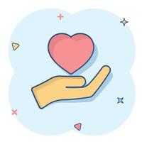 Heart care icon in comic style. Charity vector cartoon illustration on white isolated background. Love in hand business concept splash effect.