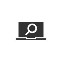 Computer search icon in flat style. Laptop with magnifying glass vector illustration on white isolated background. Device display business concept.
