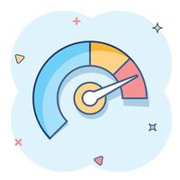 Meter dashboard icon in comic style. Credit score indicator level vector cartoon illustration pictogram. Gauges with measure scale business concept splash effect.
