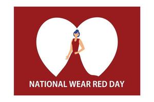 National Wear Red Day - text with different fonts. Woman in evening red dress looking back, flat vector modern illustration